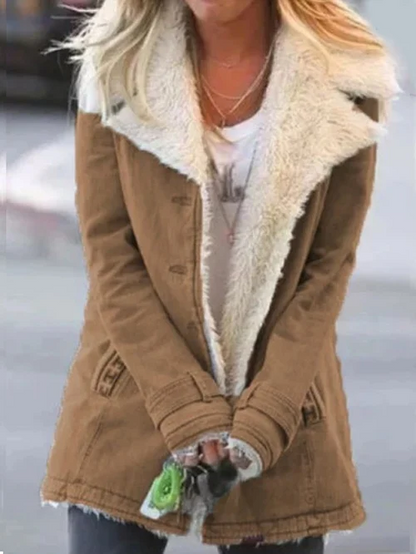 Braune Damenjacke mit weißem Kunstfellkragen, modisch, warm, Herbst-Winter-Bekleidung.