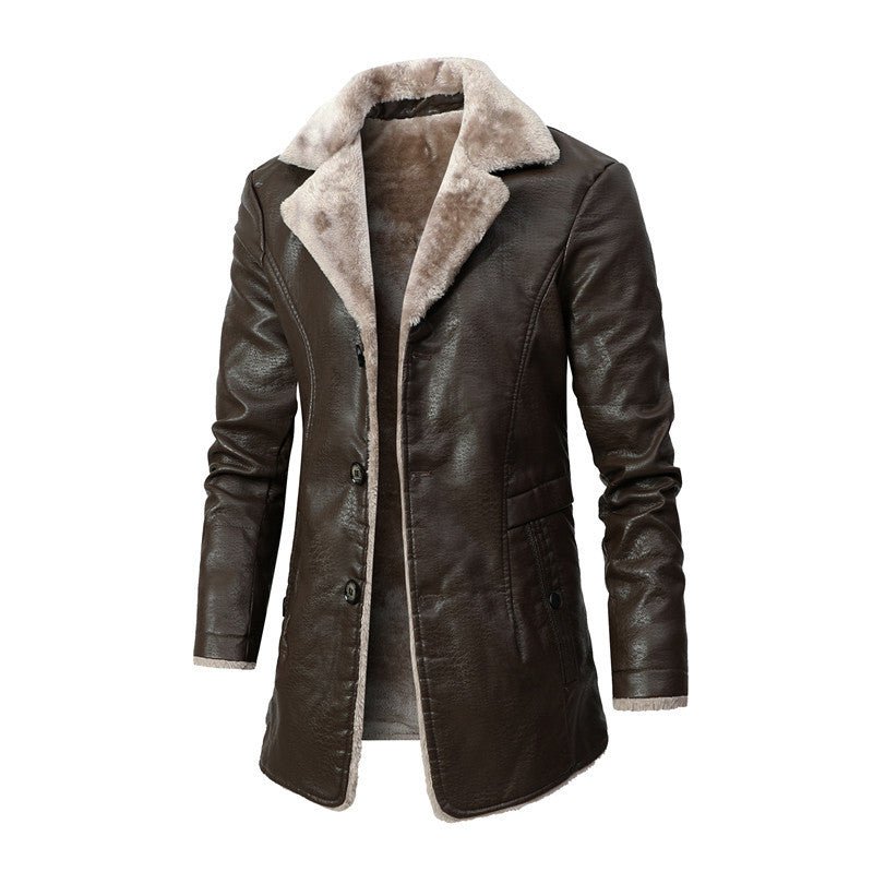 Brauner Herren-Wintermantel mit Kunstfellkragen, stilvoll und warm, ideal für kalte Tage.