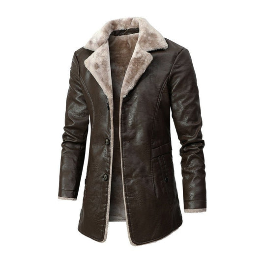 Brauner Herren-Wintermantel mit Kunstfellkragen, stilvoll und warm, ideal für kalte Tage.