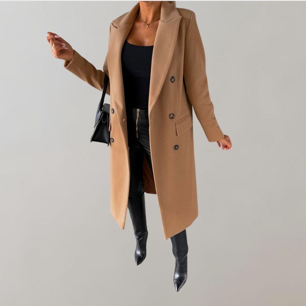 Damen Wintermantel braun, eleganter Wollmantel, doppelte Knopfleiste, modisch, warm.