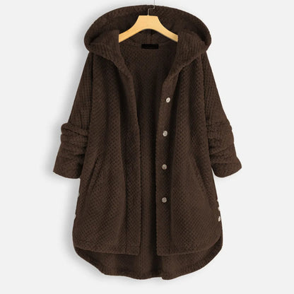 Brauner Damen-Fleece-Mantel mit Kapuze, Knöpfen und Taschen, gemütlich und warm.