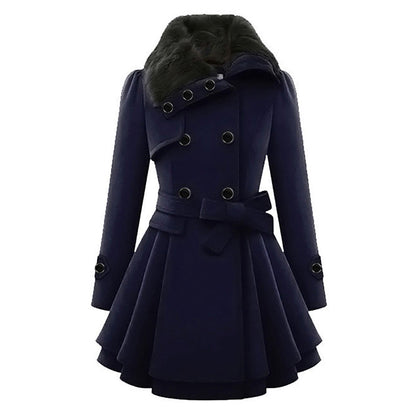 Damen Wintermantel, dunkelblau, mit Gürtel und Kunstfellkragen, elegantes Design.