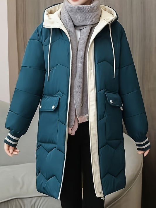 Dunkelgrüner Damen-Wintermantel mit Kapuze, gesteppt, warm, modisch, mit Taschen.