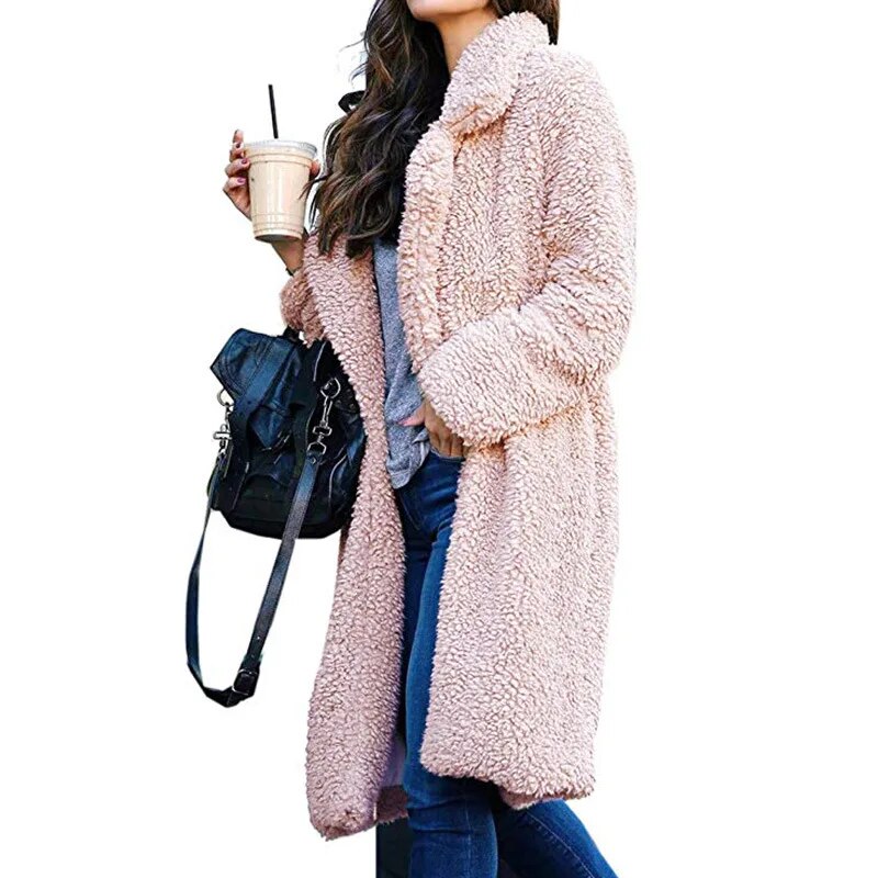 Damen Wintermantel, rosa, Teddyfell, modisch, warm, lässig, mit Tasche, ideal für kalte Tage.