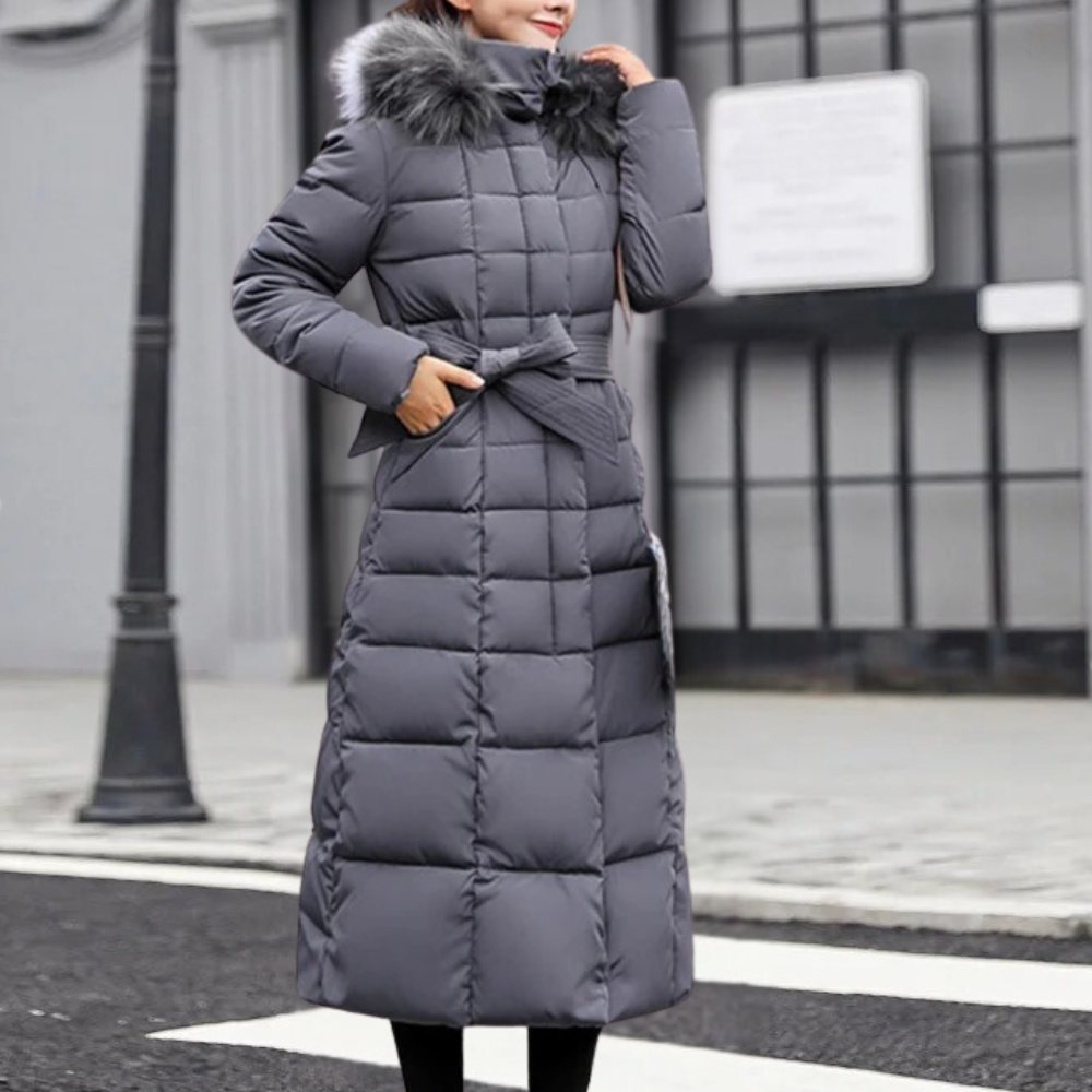 Damen Wintermantel, grau, Daunen, mit Kapuze und Gürtel, warm, modisch, elegant.