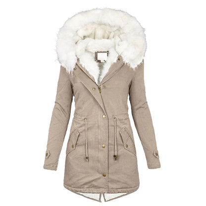 Damen Wintermantel beige mit Kapuze, Kunstfell, warm, modisch, Parka-Stil, Outdoor-Bekleidung.