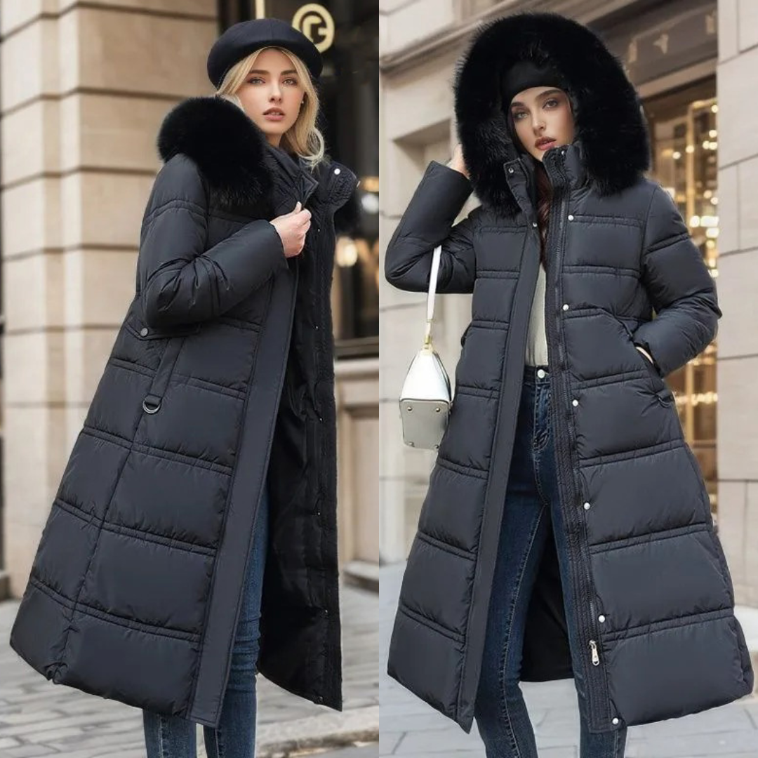 Damen Wintermantel schwarz, Daunen, Kapuze mit Fell, modisch, warm, elegant, Outdoor-Bekleidung.