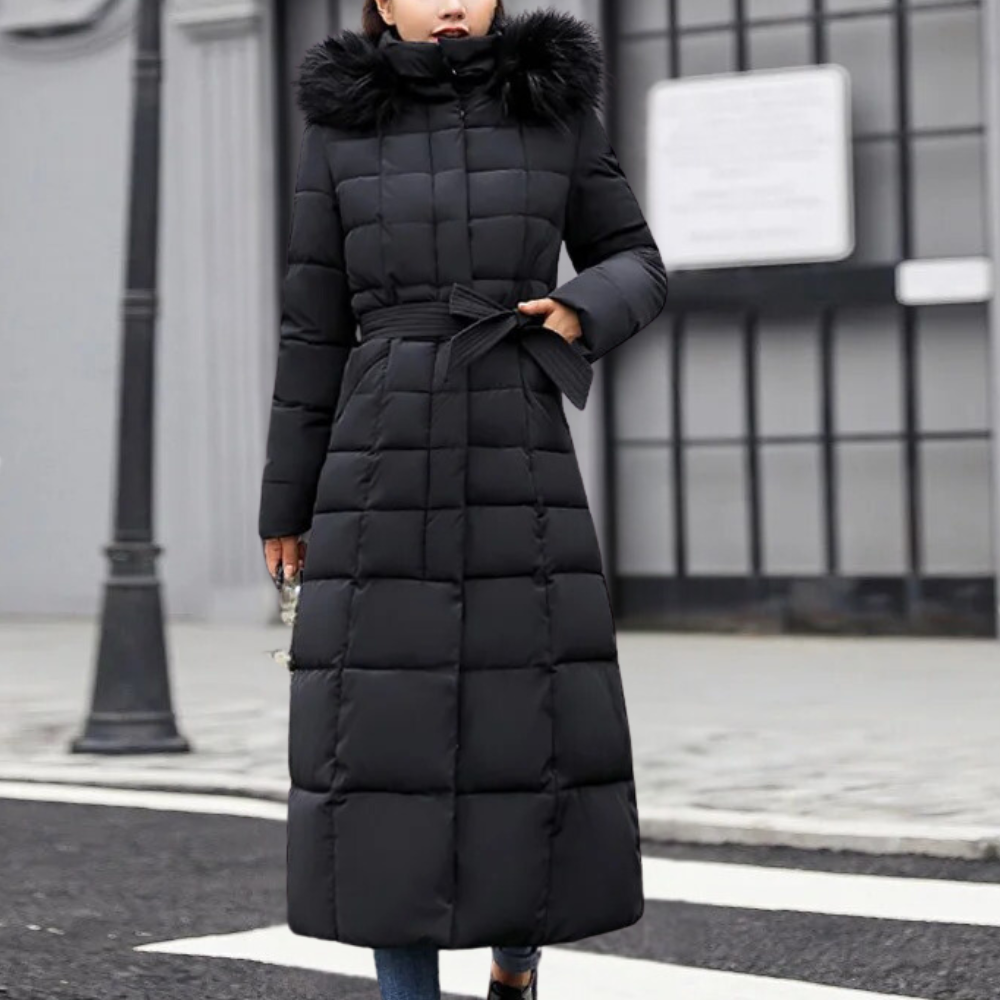 Damen Wintermantel Schwarz, Daunen, Kapuze mit Fell, Lang, Warm, Modisch, Outdoor-Bekleidung