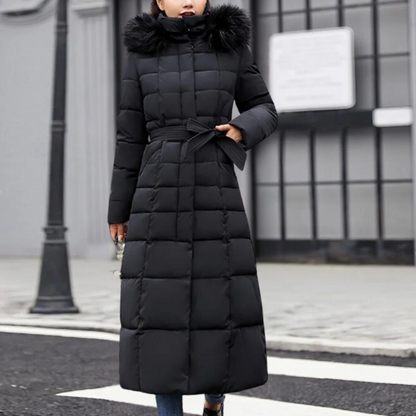 Damen Wintermantel Schwarz, Daunen, Kapuze mit Fell, Lang, Warm, Modisch, Outdoor-Bekleidung