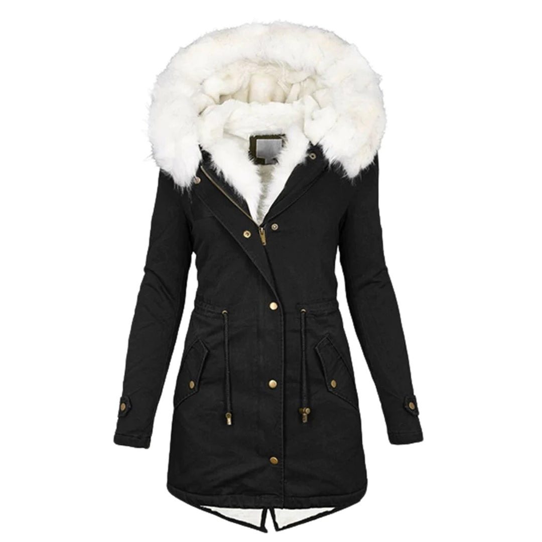 Schwarzer Damenparka mit weißem Kunstfellkragen, Winterjacke, modisch und warm.