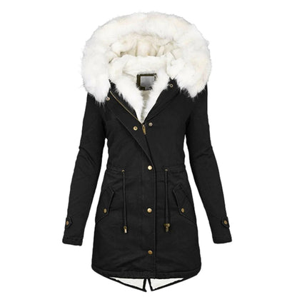 Schwarzer Damenparka mit weißem Kunstfellkragen, Winterjacke, modisch und warm.