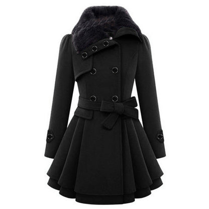 Schwarzer Damen-Wintermantel mit Gürtel, doppelreihig, aus Wolle, elegantes Design.