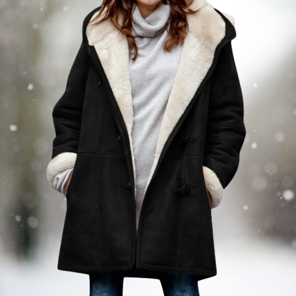 Damen Wintermantel schwarz mit Kapuze, Lammfellfutter, modisch, warm, elegant.