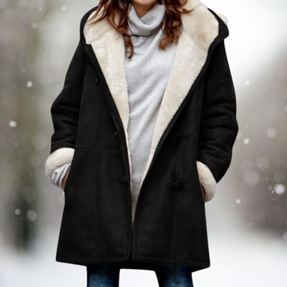 Damen Wintermantel schwarz mit Kapuze, Lammfellfutter, modisch, warm, elegant.