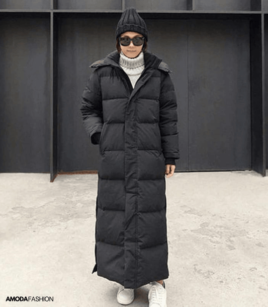 Damen Wintermantel, schwarzer Daunenparka, übergroß, warm, modisch, Kapuze, AmodaFashion.