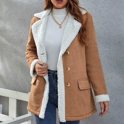 Damen Wintermantel, braun, Lammfellimitat, Knöpfe, modisch, warm, elegant, Freizeitkleidung.
