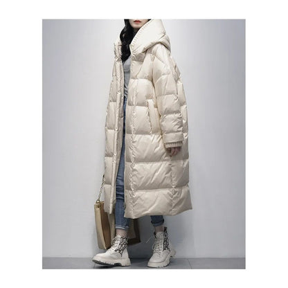 Damen Wintermantel beige Daunenjacke mit Kapuze, warm, modisch, lang, für kalte Tage.