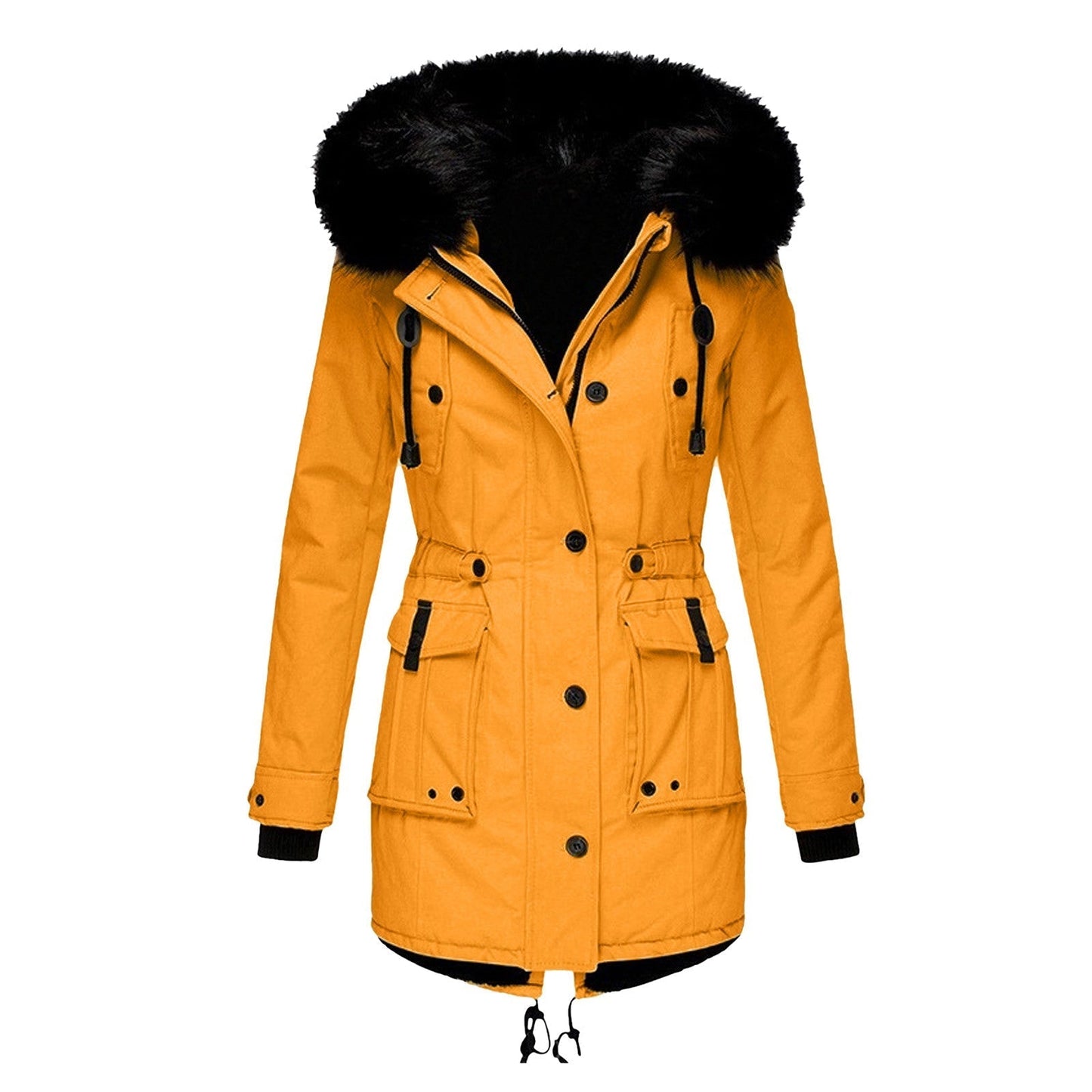 Gelbe Damen-Winterjacke mit Kapuze, schwarzem Kunstfell, warm, modisch, Outdoor-Bekleidung.