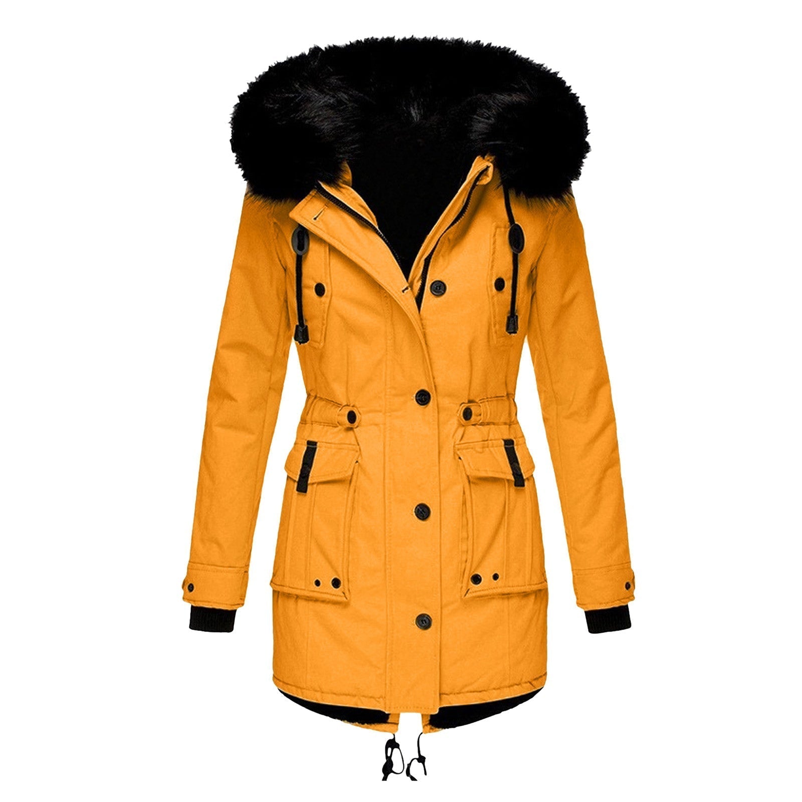 Gelbe Damen-Winterjacke mit Kapuze, schwarzem Kunstfell, warm, modisch, Outdoor-Bekleidung.