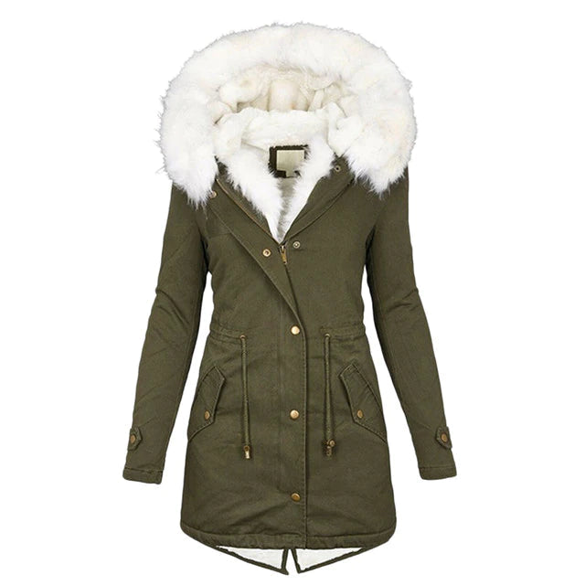 Damen Wintermantel, olivgrün, mit weißem Kunstfellkragen, warm, modisch, Parka-Stil.