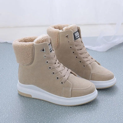 Beige Damen-Winterstiefel, gefüttert, Schnürung, rutschfeste Sohle, modisch, warm.