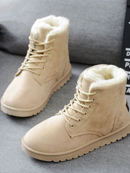 Beige Winterstiefel mit Kunstfellfutter, Schnürung, rutschfeste Sohle, warm, modisch, Damen.
