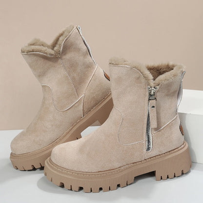 Beige Damen-Winterstiefel aus Wildleder mit Reißverschluss und Fellfutter, rutschfeste Sohle.