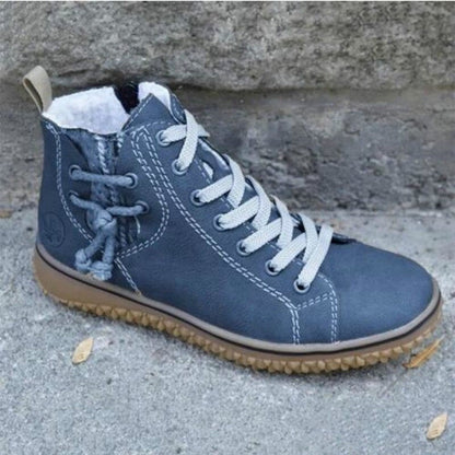 Blaue Damen-Winterstiefel mit Schnürung, rutschfeste Sohle, warm gefüttert, Lederoptik.