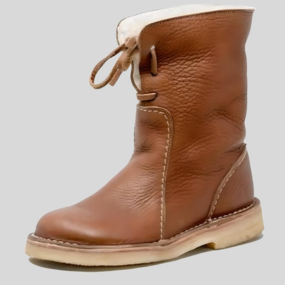 Brauner Lederstiefel mit Schnürung, gefüttert, rutschfeste Sohle, Wintermode, Damenstiefel.