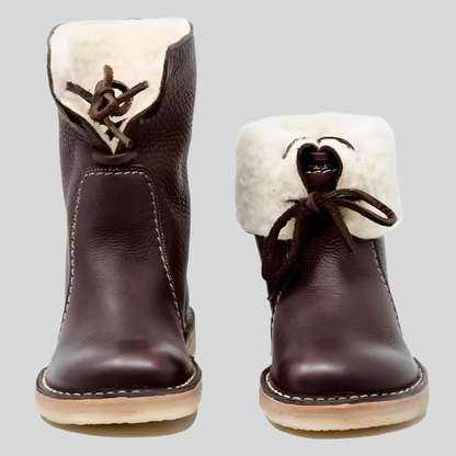 Braune Lederstiefel mit weißem Fellfutter, Damen Winterstiefel, rutschfeste Sohle.