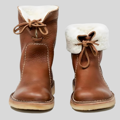 Braune Lederstiefel mit weißem Fellfutter, Schnürung, Damenmode, Winterstiefel.
