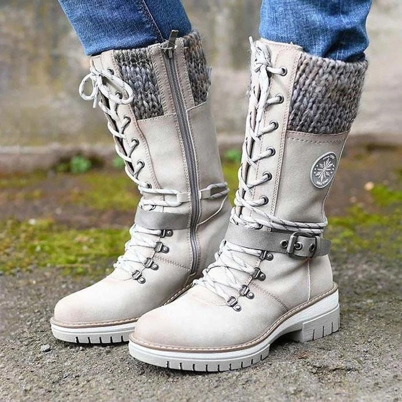 Damen Winterstiefel beige, gefüttert, Schnürung, Reißverschluss, Outdoor, rutschfeste Sohle.
