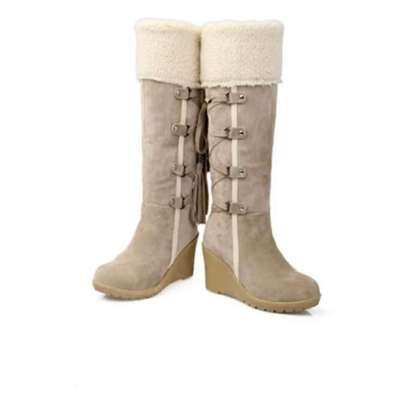 Beige Damen-Winterstiefel mit Keilabsatz, offener Einstieg, Kunstfell, modisch, warm.
