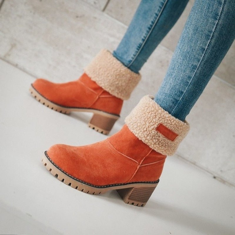 Damen Winterstiefel orange Wildleder mit Fellfutter, Absatz, rutschfeste Sohle, modisch, warm.