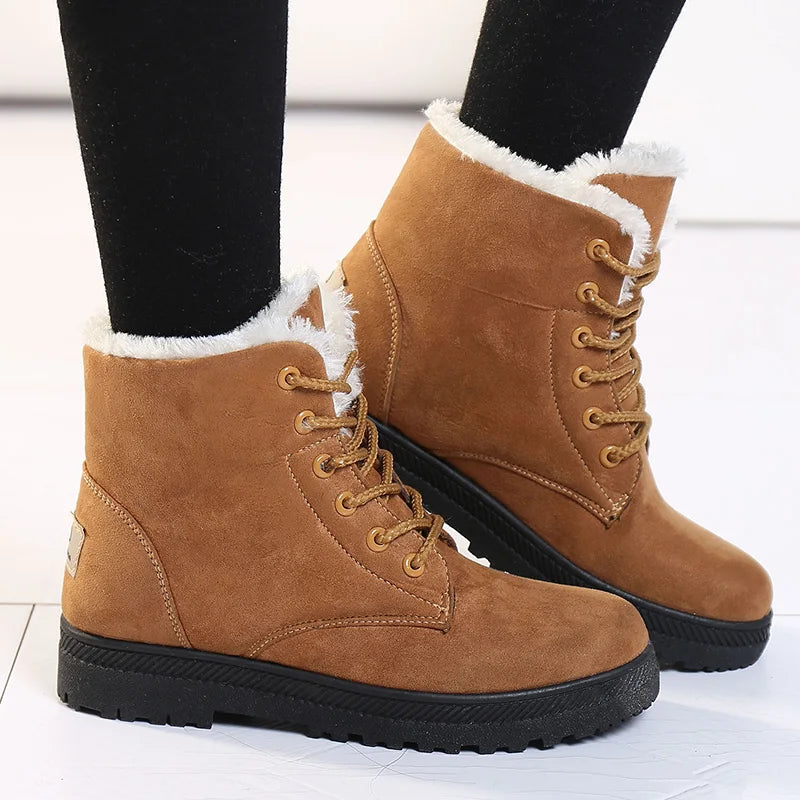 Damen-Winterstiefel, braun, Kunstfell, Schnürung, rutschfeste Sohle, modisch, warm.