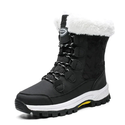 Schwarze Damen-Winterstiefel, mittelhoch, mit weißem Kunstfell, rutschfeste Sohle.