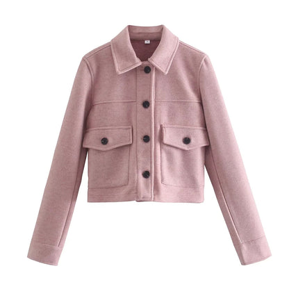 Rosa Damenjacke, Wollmischung, Knopfleiste, Taschen, Herbstmode, stilvoll, elegant.