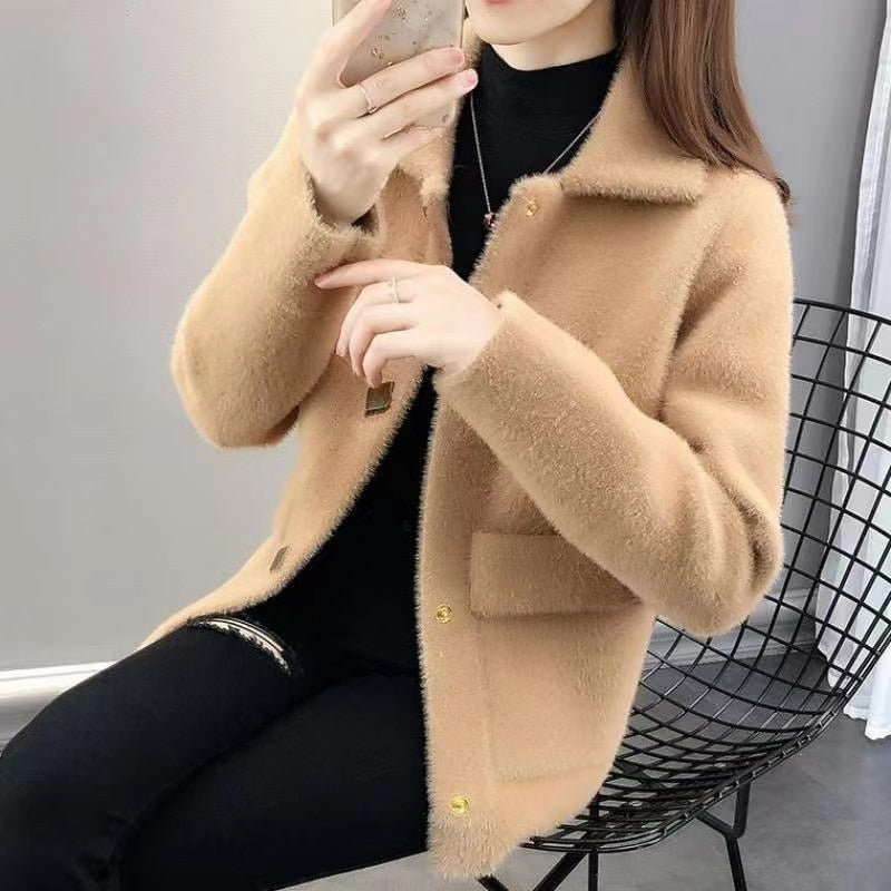 Damen Wollmantel beige, modisch, warm, Herbst Winter, eleganter Stil, Knöpfe, Taschen.