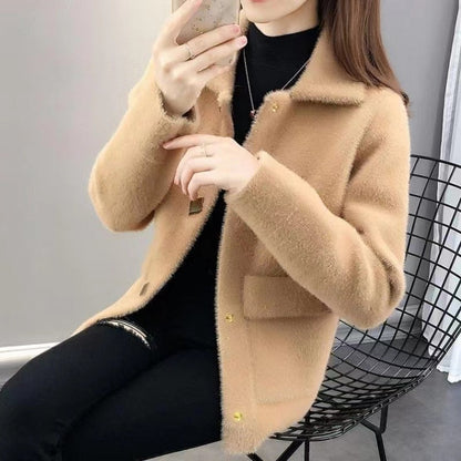 Damen Wollmantel beige, modisch, warm, Herbst Winter, eleganter Stil, Knöpfe, Taschen.