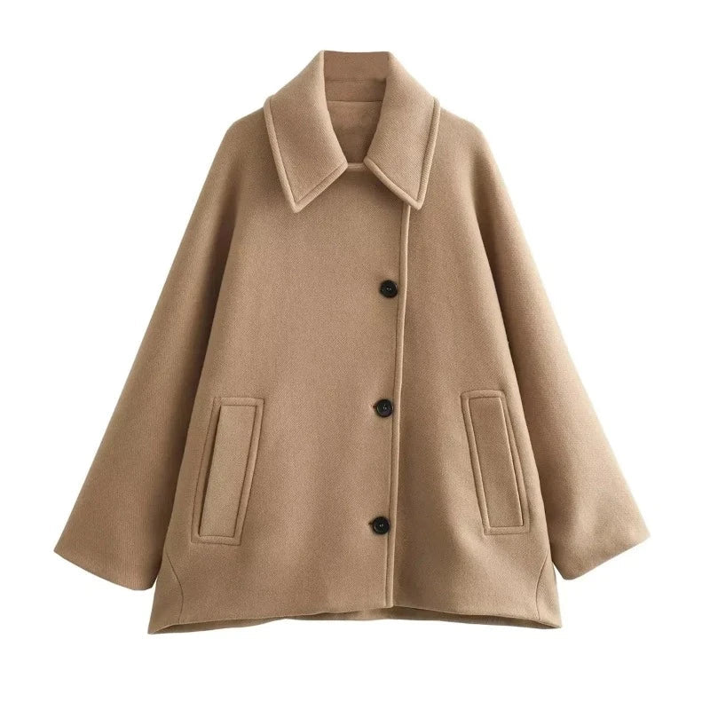 Beige Damenmantel aus Wolle, klassischer Schnitt, Herbstmode, Knopfverschluss, Taschen.