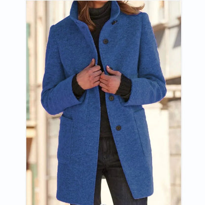 Damen Wollmantel Blau, Stehkragen, Knöpfe, Vintage-Stil, Herbst Winter Mode, Freizeitkleidung.