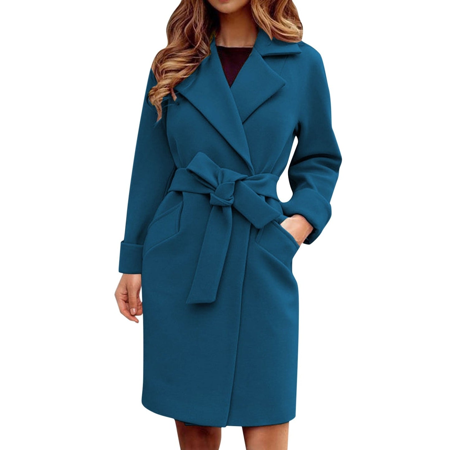 Damenmantel blau, Gürtel, eleganter Wintermantel, modisch, warm, knielang, Taschen.