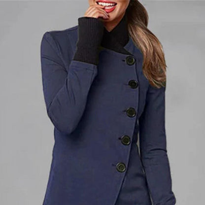 Damenmantel blau, asymmetrisch, Knopfleiste, elegantes Design, Herbstmode, Freizeitkleidung.