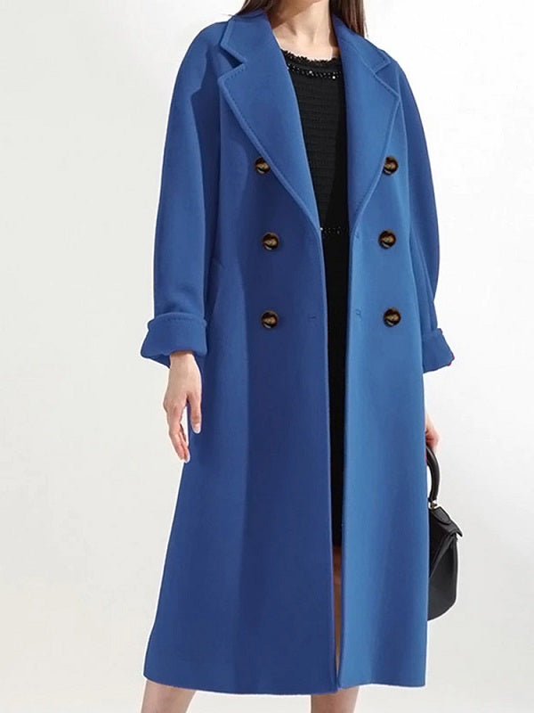 Damenmantel blau, doppelt geknöpft, elegantes Design, Herbstmode, Wollmischung.