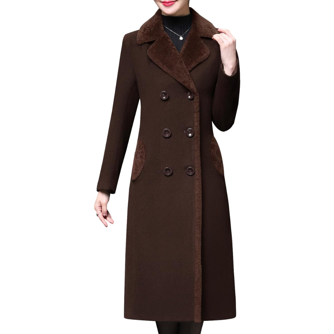 Damen Wintermantel braun, doppelt geknöpft, Wollmischung, elegantes Design, warm und stilvoll.