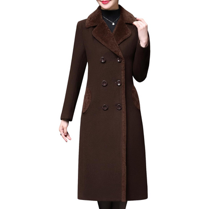Damen Wintermantel braun, doppelt geknöpft, Wollmischung, elegantes Design, warm und stilvoll.