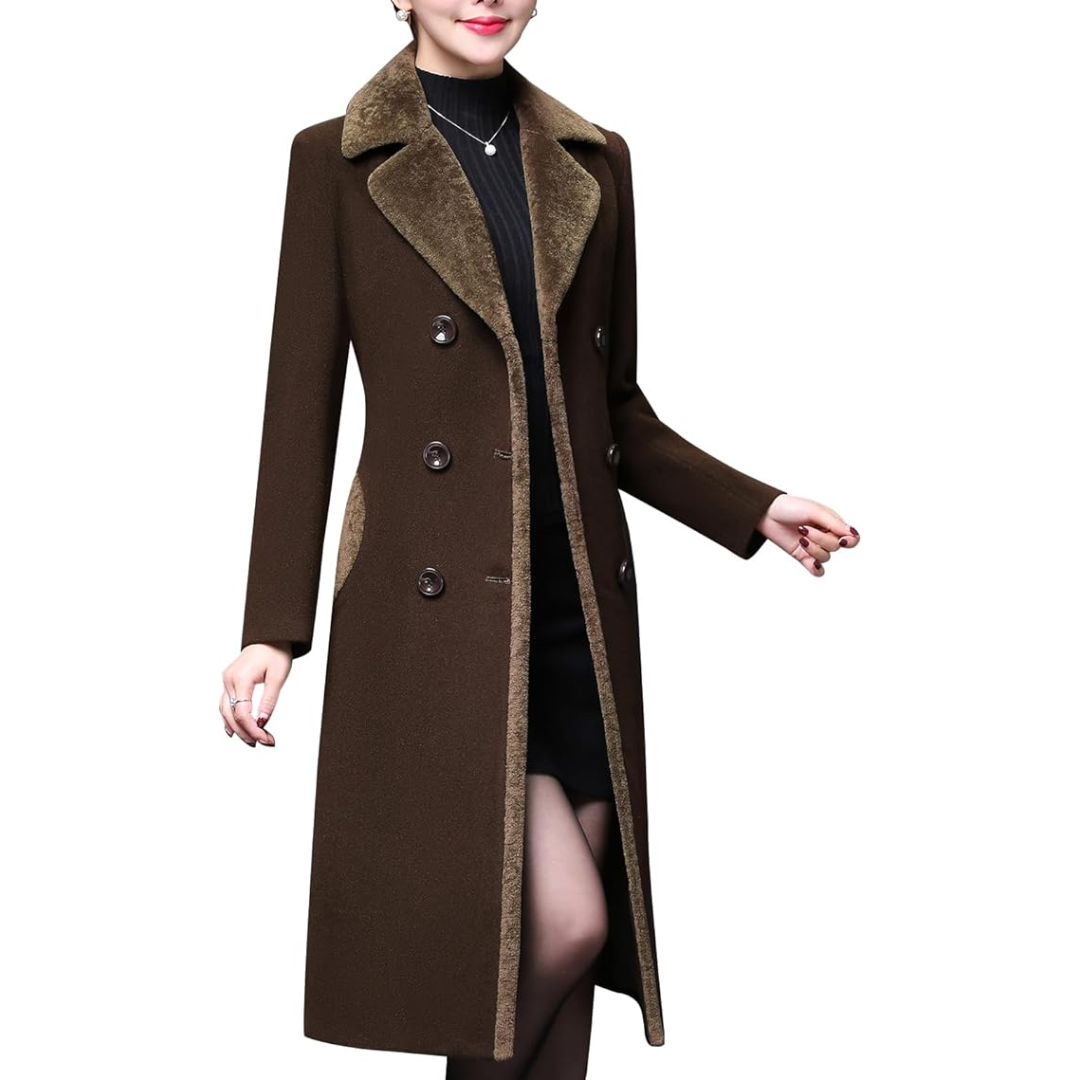 Damen Wintermantel braun, doppelt geknöpft, Kunstpelzkragen, elegant, warm, modisch.