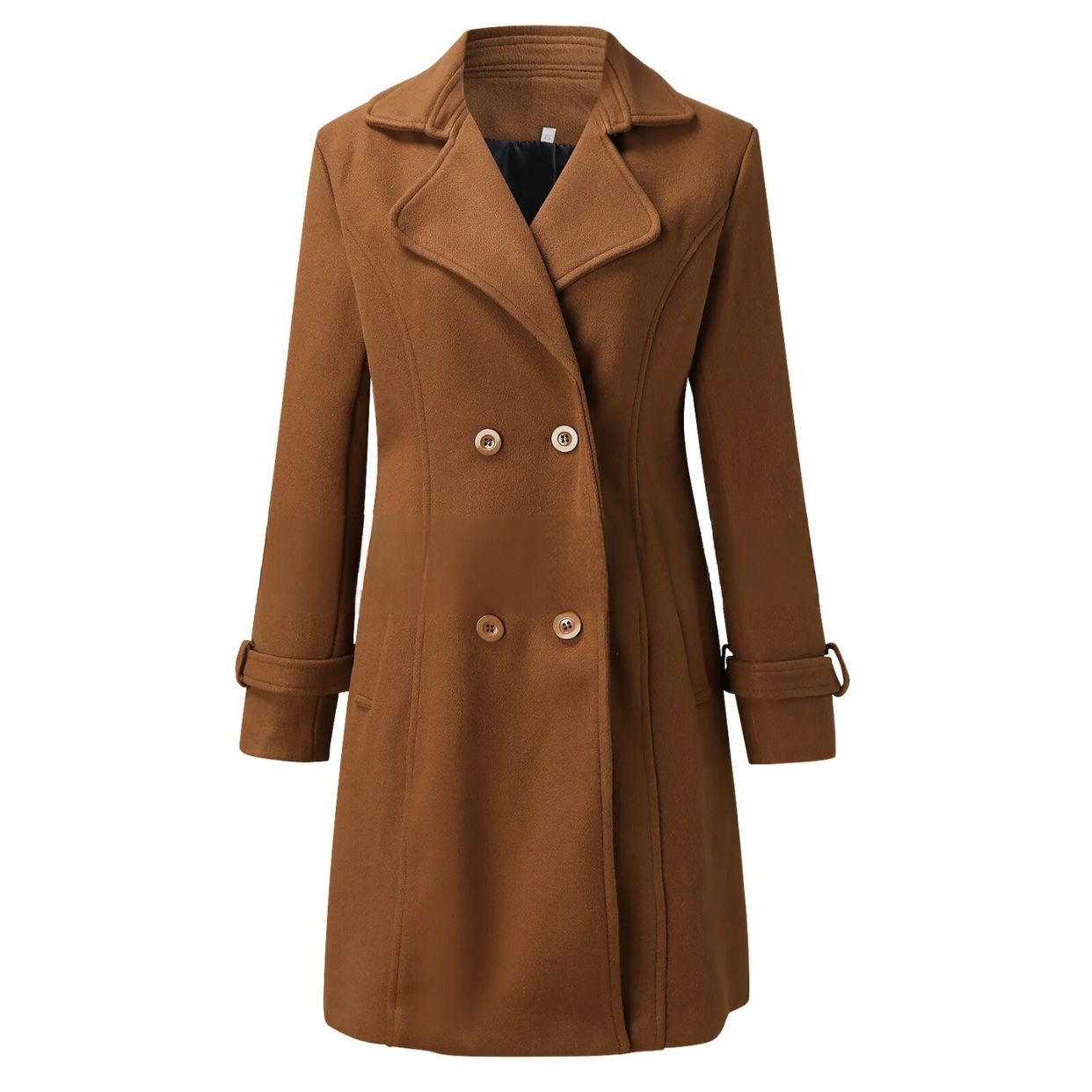 Brauner Damen-Wollmantel, doppelt geknöpft, elegantes Design, Herbstmode, warm und stilvoll.