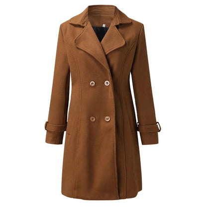 Brauner Damen-Wollmantel, doppelt geknöpft, elegantes Design, Herbstmode, warm und stilvoll.
