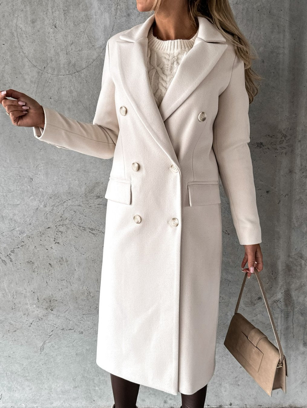 Damen Wollmantel, cremefarben, doppelreihig, lange Ärmel, Herbst Winter Mode 2022.